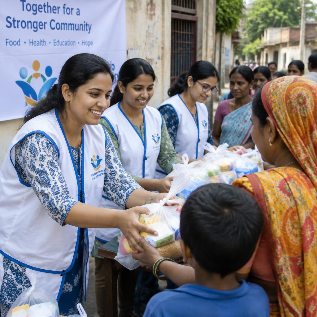 Volunteers distributing supplies to families